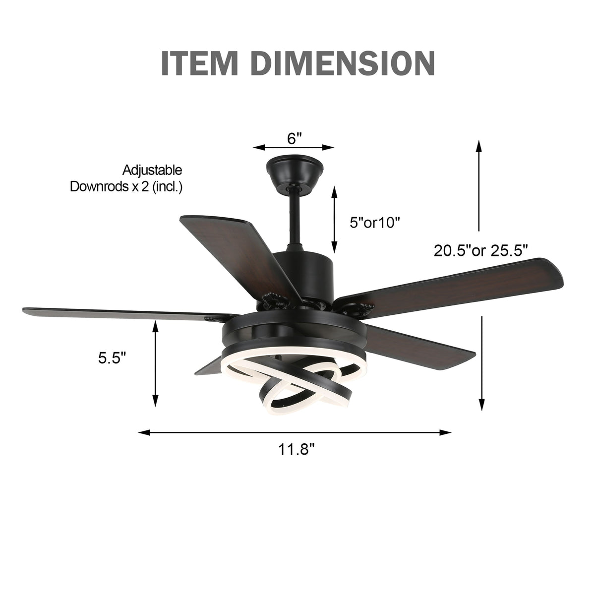 52 Inch Modern Ceiling Fan with LED Light and Remote Control, 6 Speeds DC Motor Reversible Ceiling Fan with DIY Shade