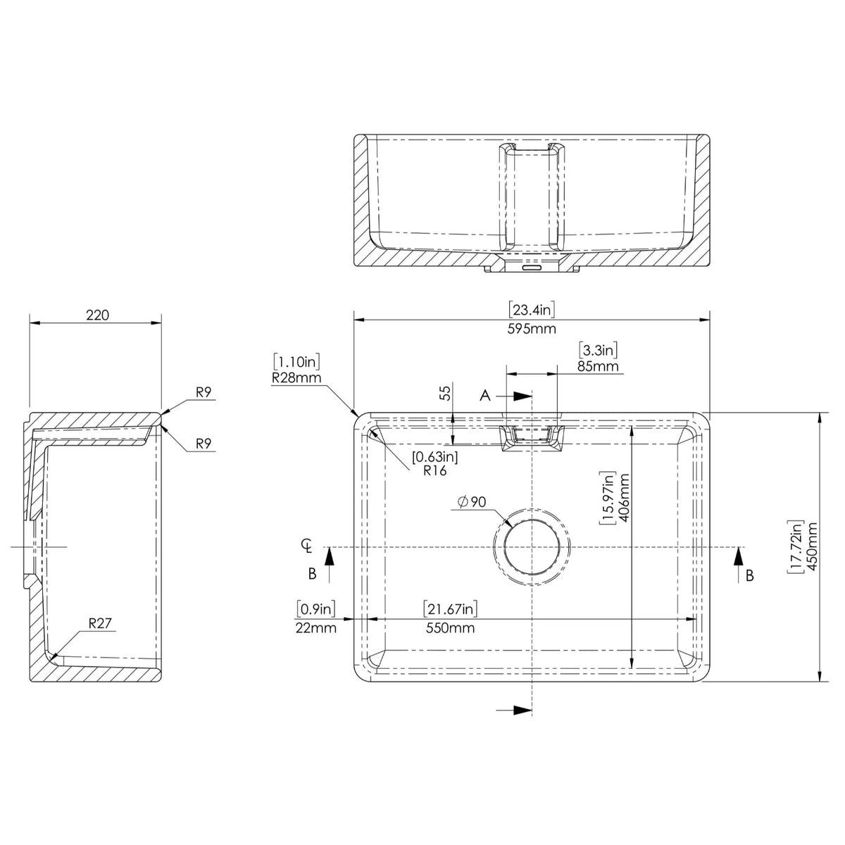 Inspire Single Bowl Belfast Sink With Central Waste And Weir Overflow - White