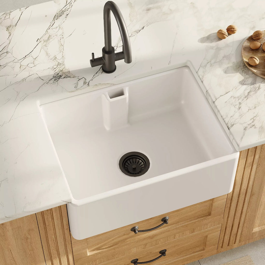 Inspire Single Bowl Belfast Sink With Central Waste And Weir Overflow - White
