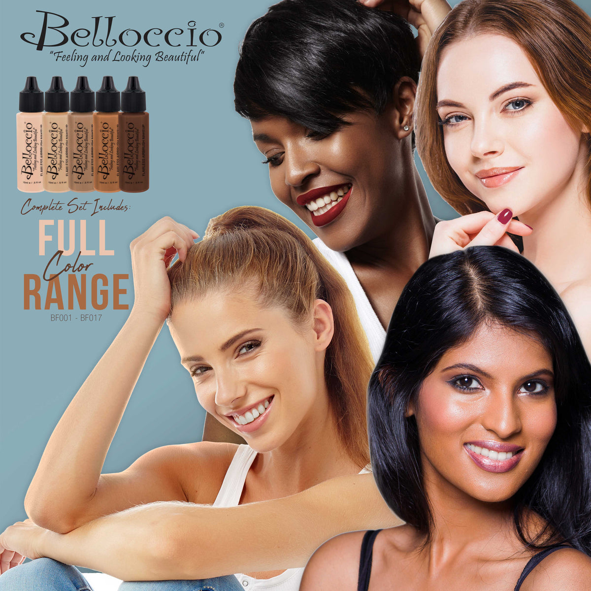 Master Set Of All 17 Foundation Shades of Belloccio's Professional Cosmetic Airbrush Makeup, 1/2 oz. Bottles plus a 2 oz. Moisturizing Primer