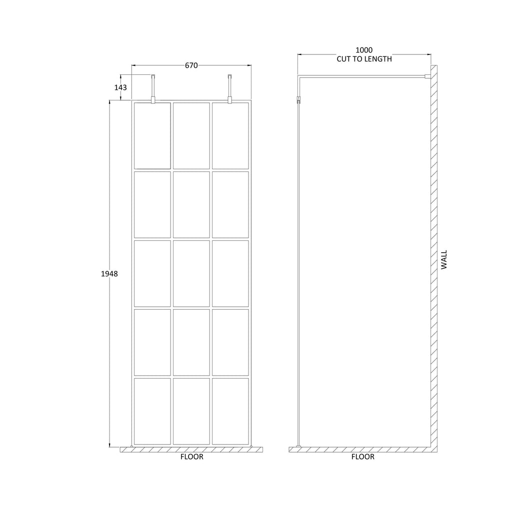 Aspect 8mm Glass Frame Wetroom Panel With Arms And Feet - Matt Black