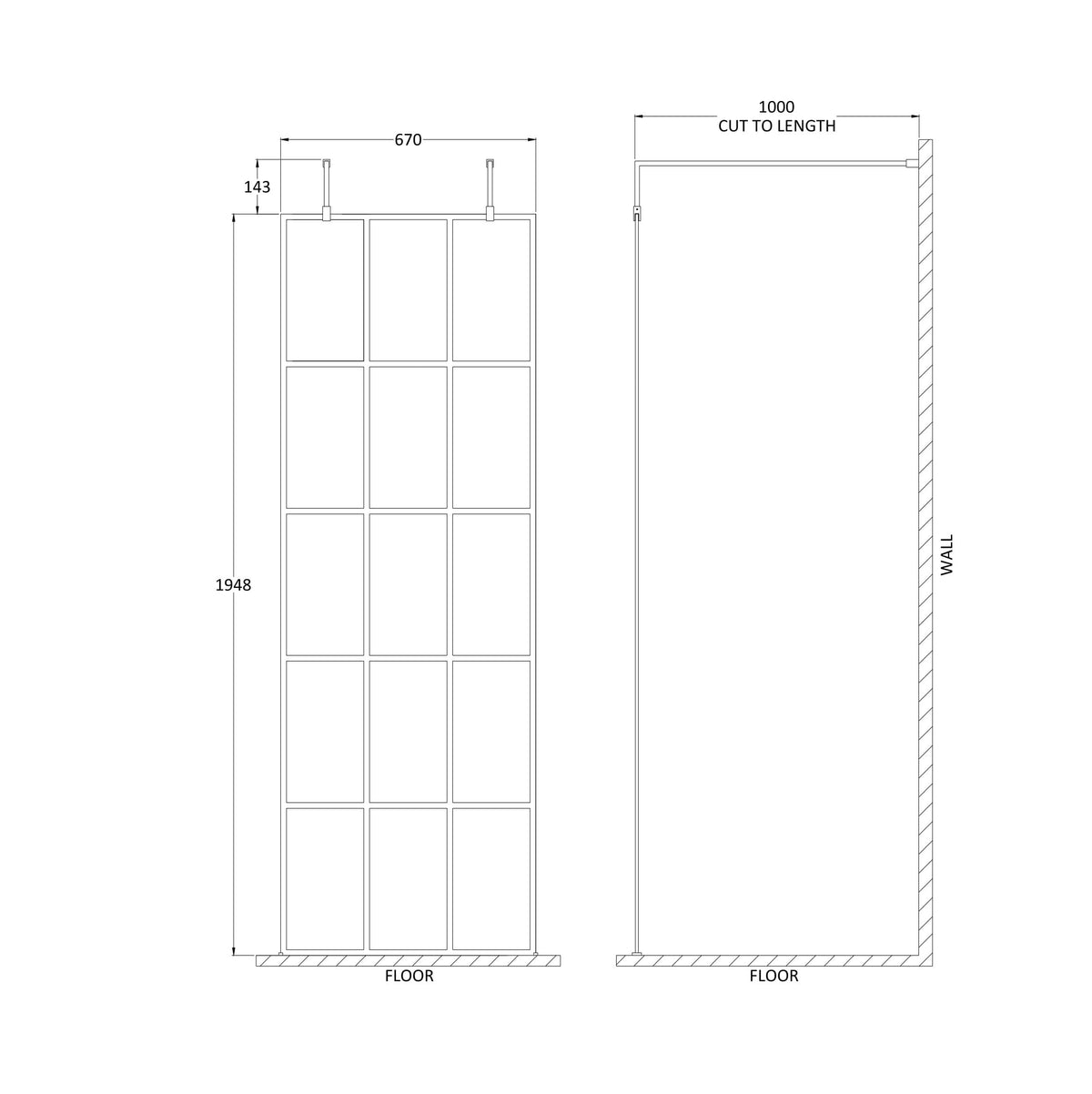 Aspect 8mm Glass Frame Wetroom Panel With Arms And Feet - Matt Black