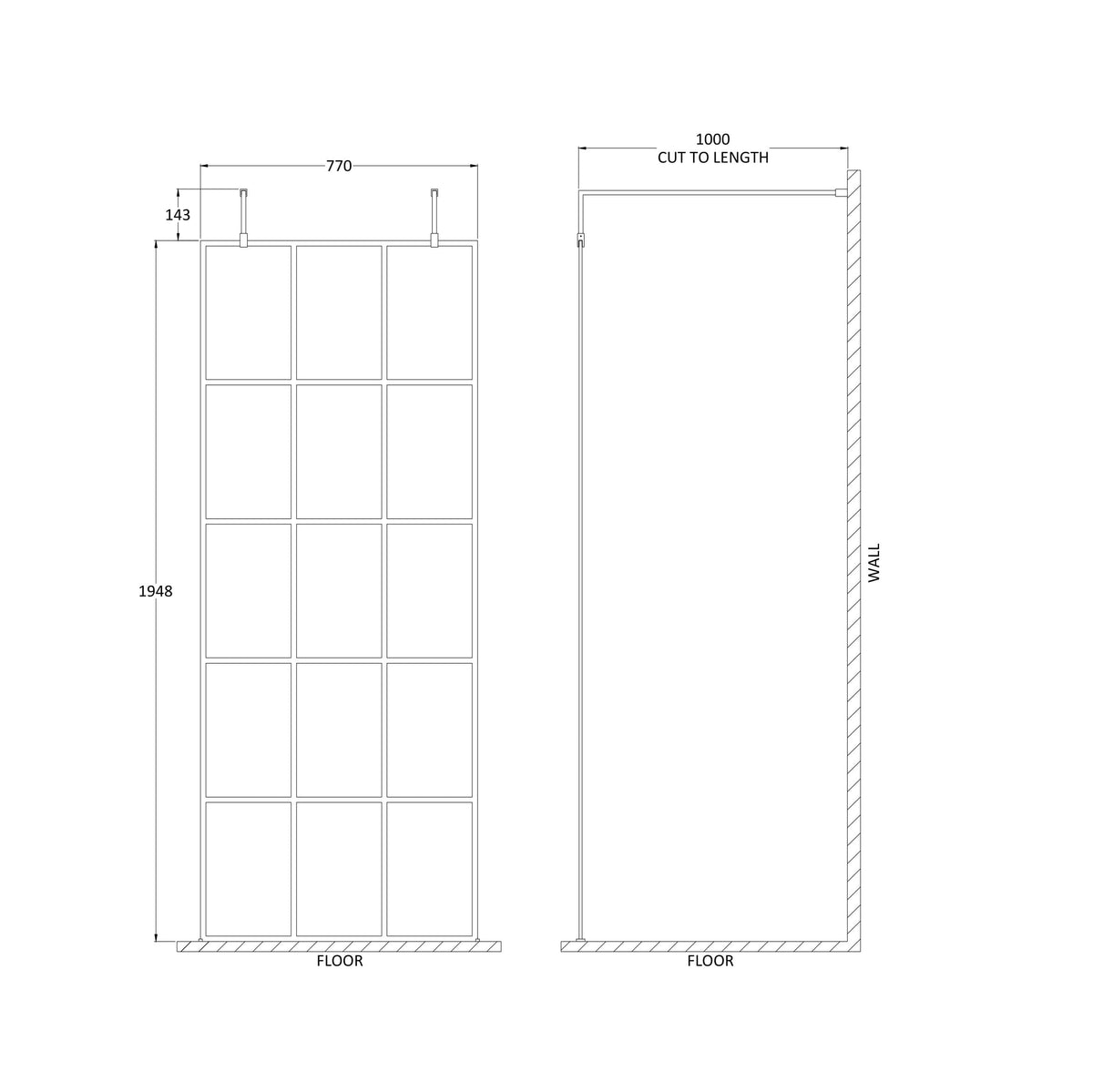 Aspect 8mm Glass Frame Wetroom Panel With Arms And Feet - Matt Black