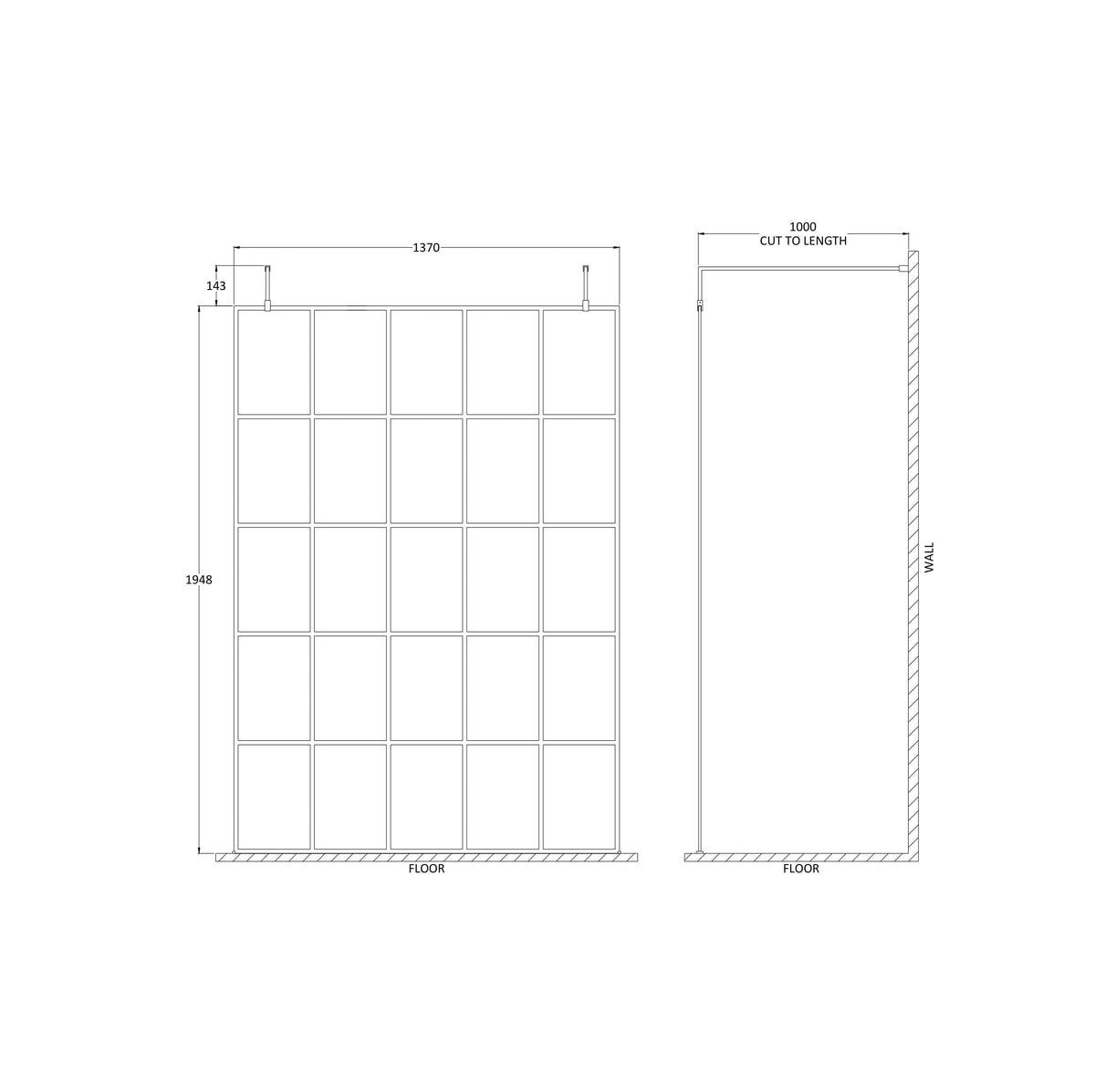 Aspect 8mm Glass Frame Wetroom Panel With Arms And Feet - Matt Black
