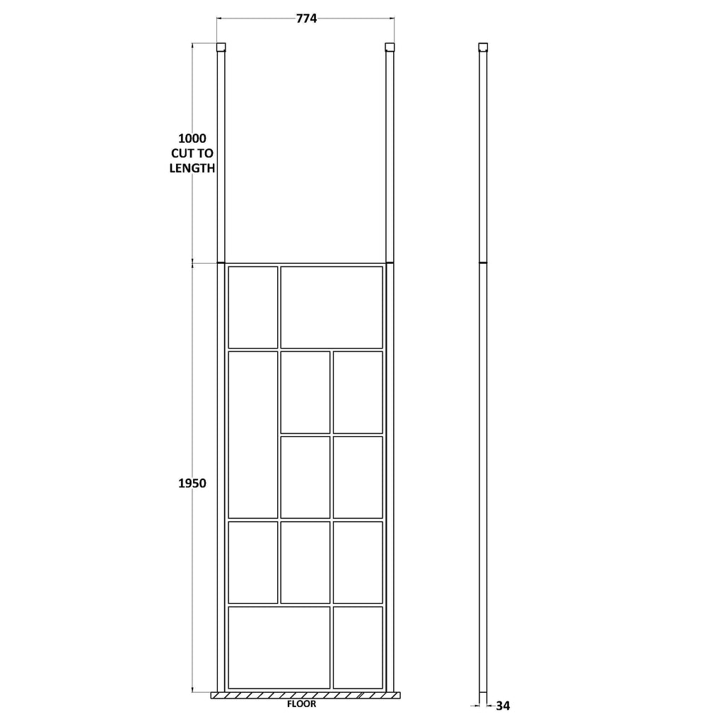 Aspect 8mm Glass Abstract Frame Wetroom Panel With Ceiling Posts - Matt Black