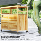 Outdoor Grill Cart w/ Stainless Steel Top, Solid Wood Kitchen Island with Wheels, Natural Wood