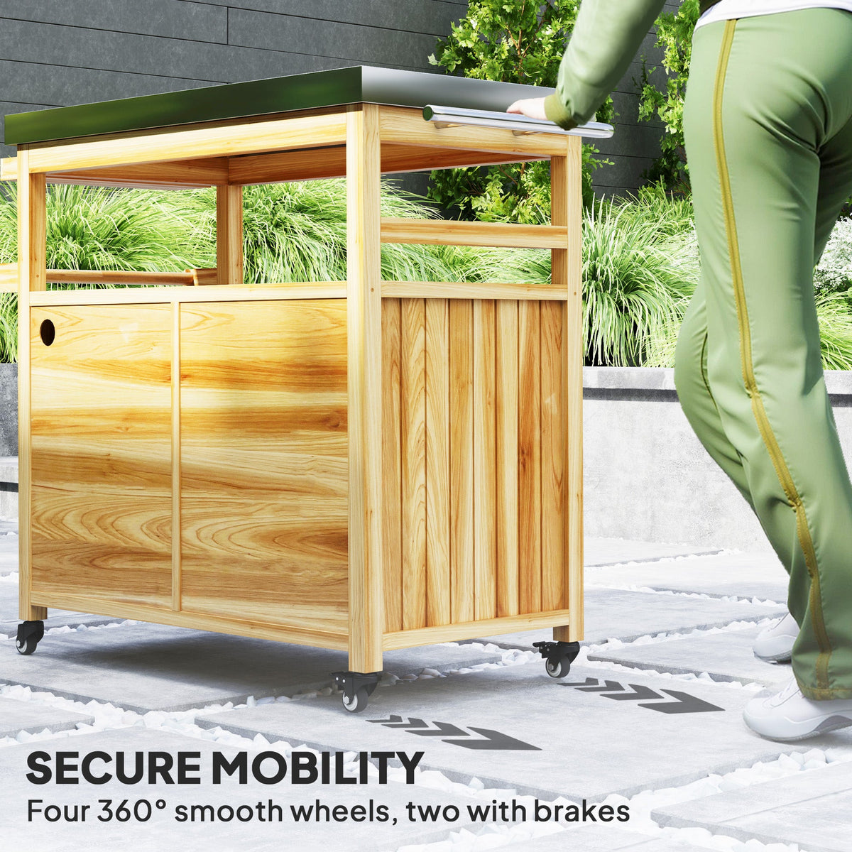 Outdoor Grill Cart w/ Stainless Steel Top, Solid Wood Kitchen Island with Wheels, Natural Wood