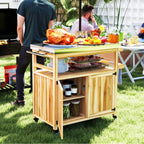 Outdoor Grill Cart w/ Stainless Steel Top, Solid Wood Kitchen Island with Wheels, Natural Wood