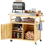 Outdoor Grill Cart w/ Stainless Steel Top, Solid Wood Kitchen Island with Wheels, Natural Wood