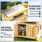 Outdoor Grill Cart w/ Stainless Steel Top, Solid Wood Kitchen Island with Wheels, Natural Wood