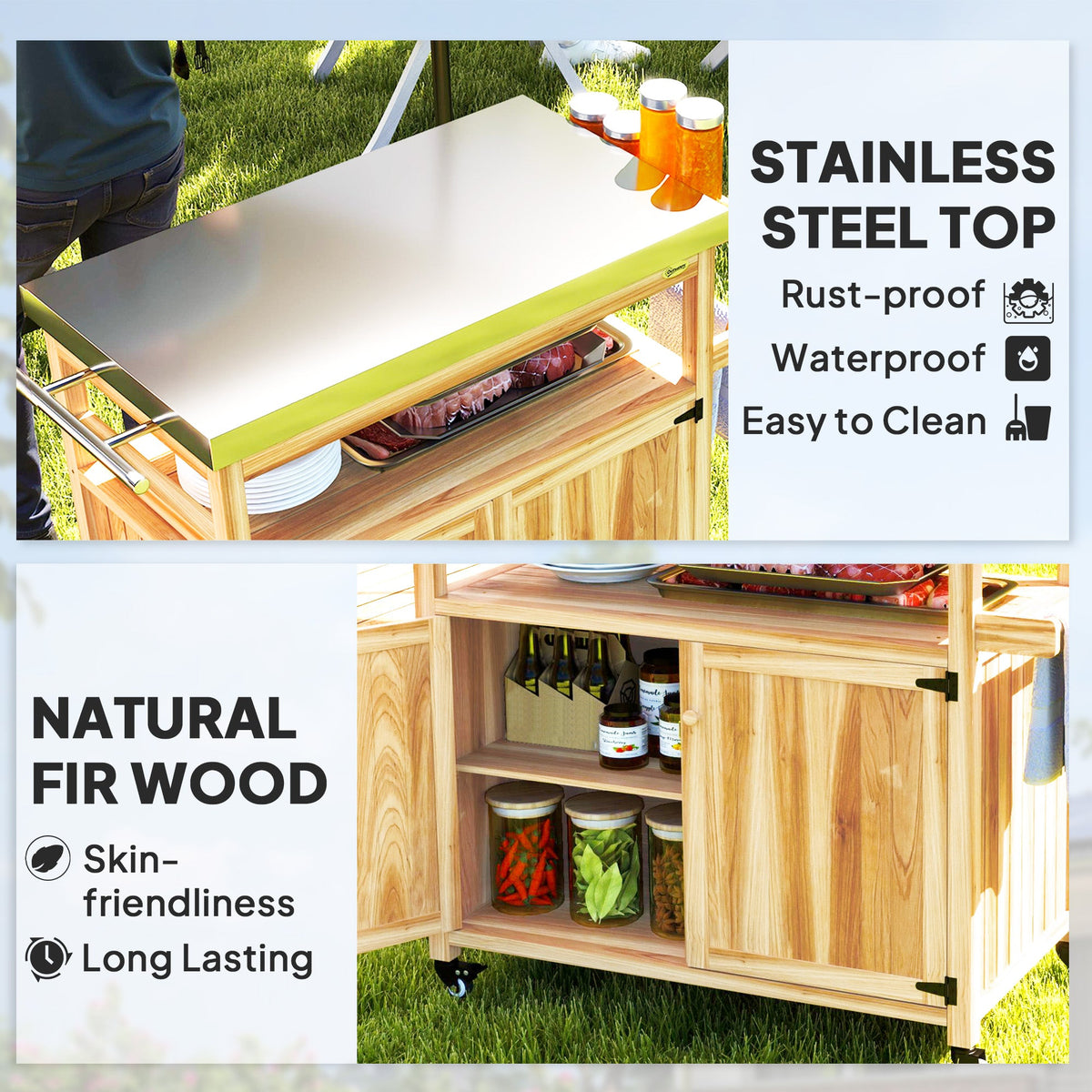 Outdoor Grill Cart w/ Stainless Steel Top, Solid Wood Kitchen Island with Wheels, Natural Wood