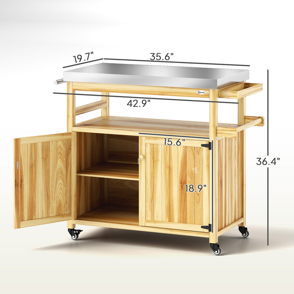 Outdoor Grill Cart w/ Stainless Steel Top, Solid Wood Kitchen Island with Wheels, Natural Wood