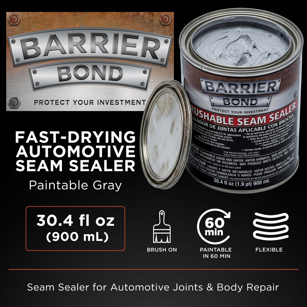 Brushable Seam Sealer, Quart Can with 30.4 Fluid Ounces, Seam Sealer for Automotive Joints & Body Repair, Paintable Gray