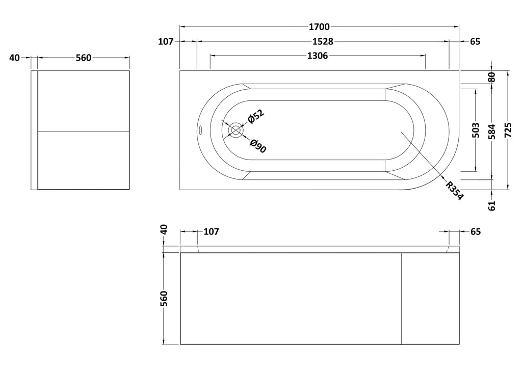 Urban Curved Single Ended Corner Bath With Legs And Panel - 1700mm x 725mm - White