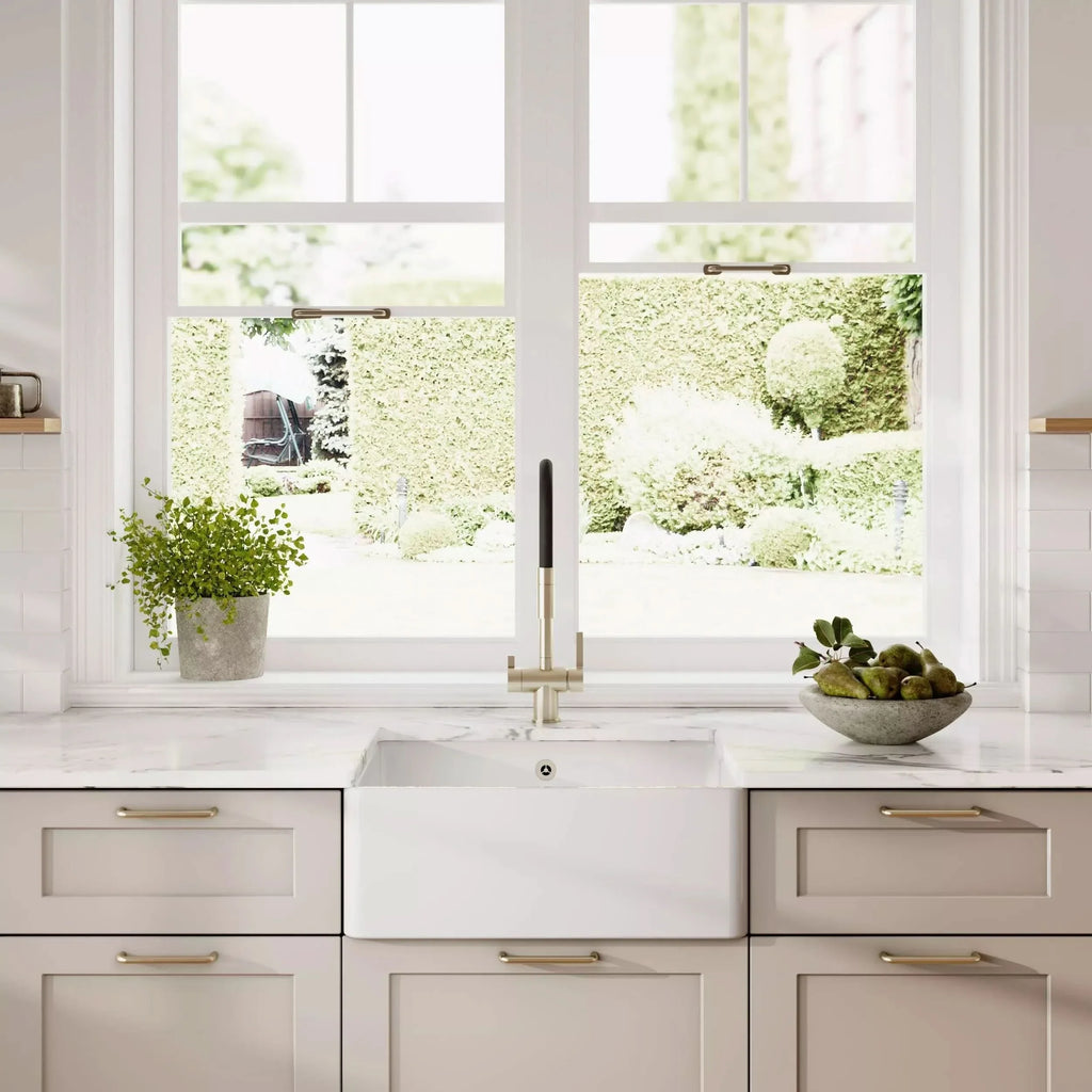 Inspire Single Bowl Butler Sink With Offset Waste And Overflow - White