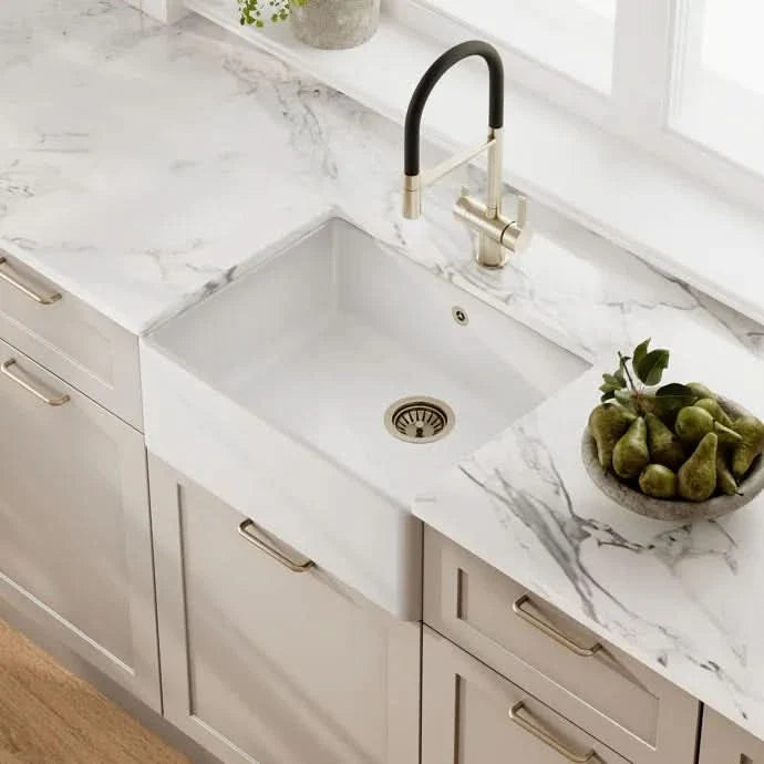 Inspire Single Bowl Butler Sink With Offset Waste And Overflow - White