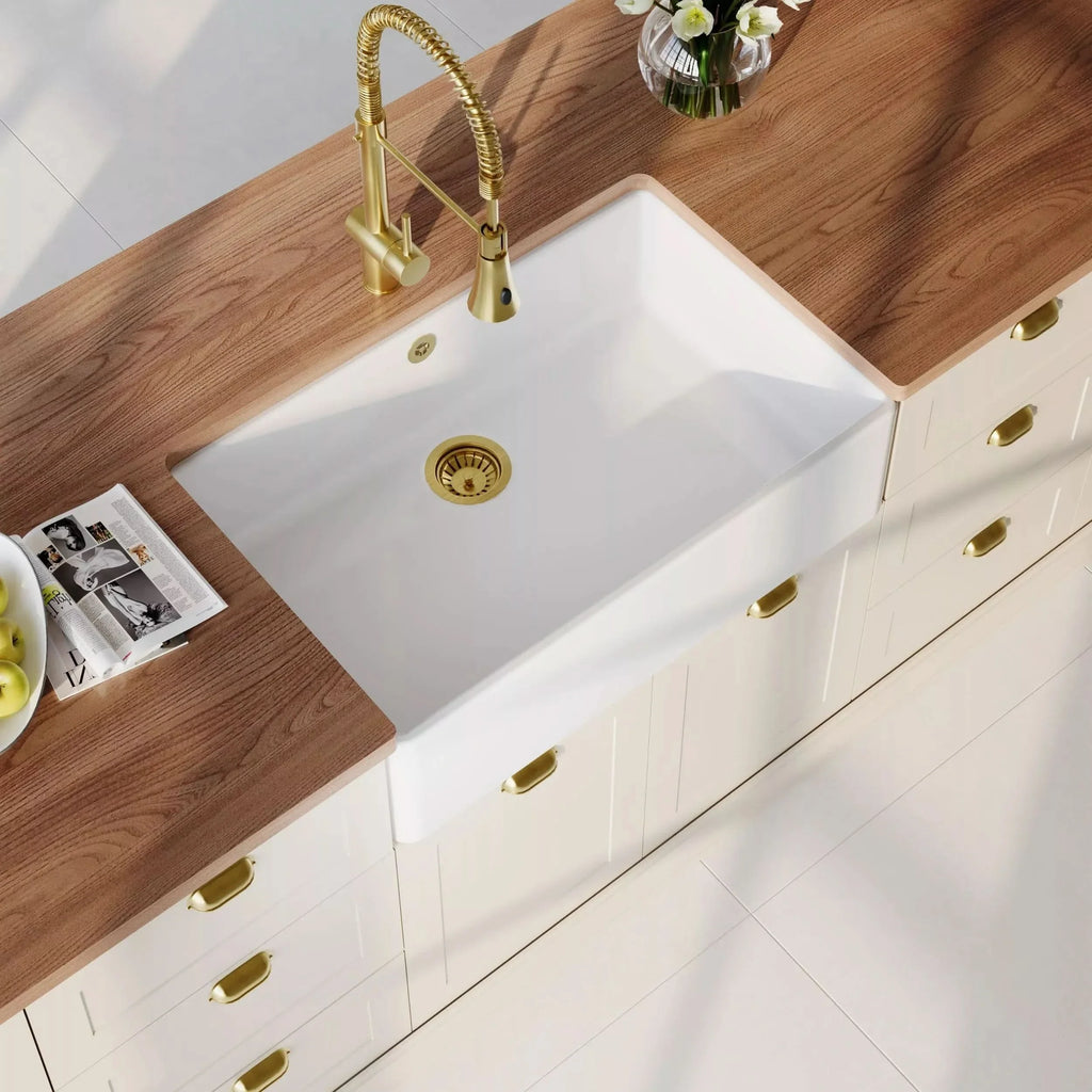 Inspire Single Bowl Butler Sink With Offset Waste And Overflow - White