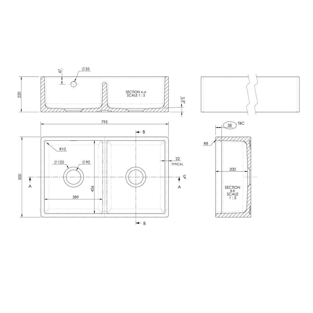 Inspire Double Bowl Butler Sink With Stepped Weir And Overflow - 1 Tap Hole - White