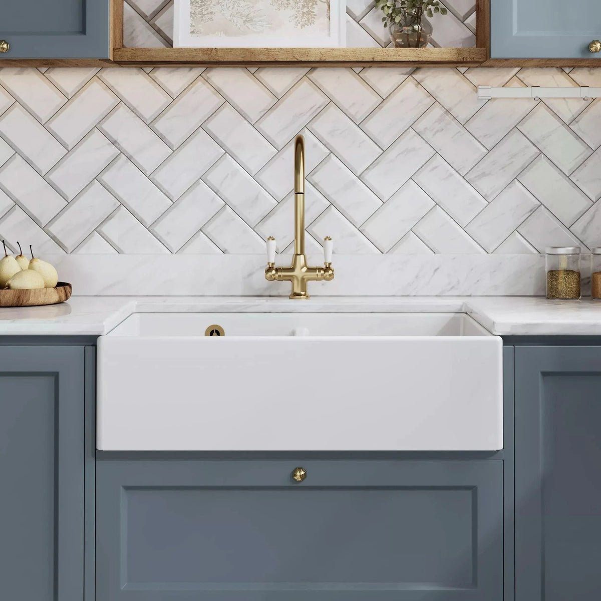 Inspire Double Bowl Butler Sink With Stepped Weir And Overflow - 1 Tap Hole - White