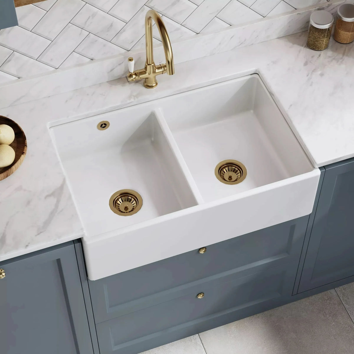 Inspire Double Bowl Butler Sink With Stepped Weir And Overflow - 1 Tap Hole - White