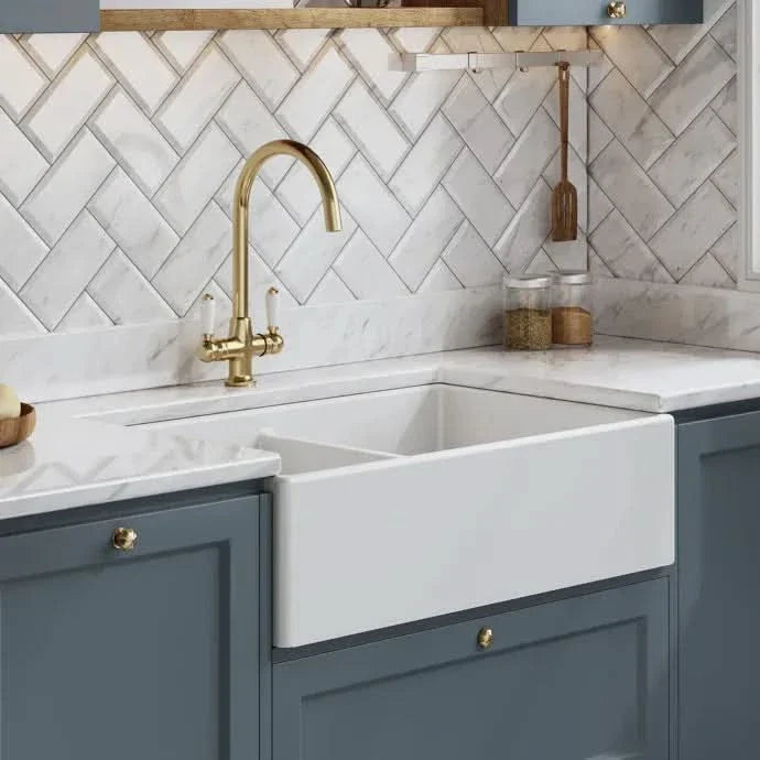 Inspire Double Bowl Butler Sink With Stepped Weir And Overflow - 1 Tap Hole - White
