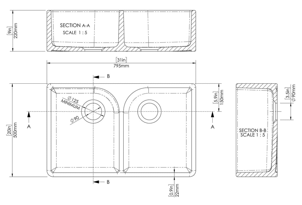 Inspire 795mm Double Bowl Butler Sink With Offset Waste And Full Weir