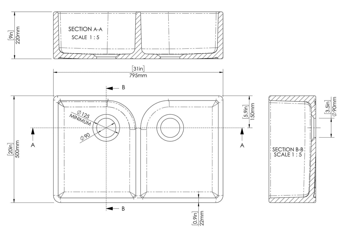 Inspire 795mm Double Bowl Butler Sink With Offset Waste And Full Weir