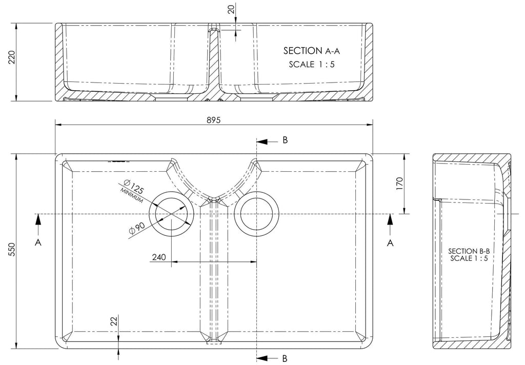 Inspire 895mm Double Bowl Butler Sink With Stepped Weir - White