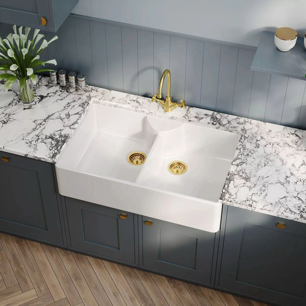 Inspire 895mm Double Bowl Butler Sink With Stepped Weir - White