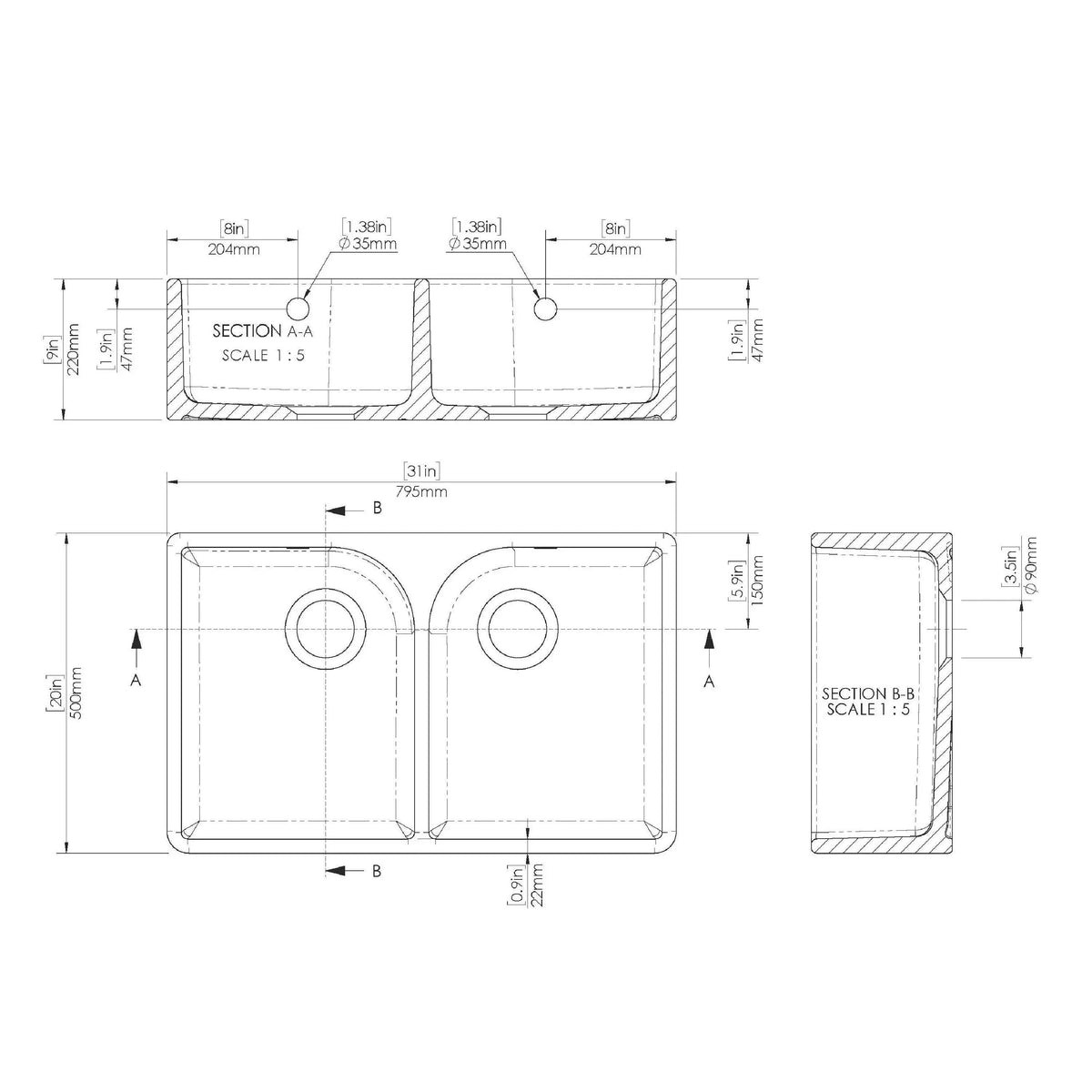 Inspire 795mm Double Bowl Butler Sink With Full Weir And Overflow - White