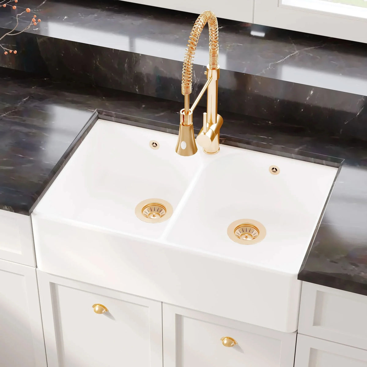 Inspire 795mm Double Bowl Butler Sink With Full Weir And Overflow - White