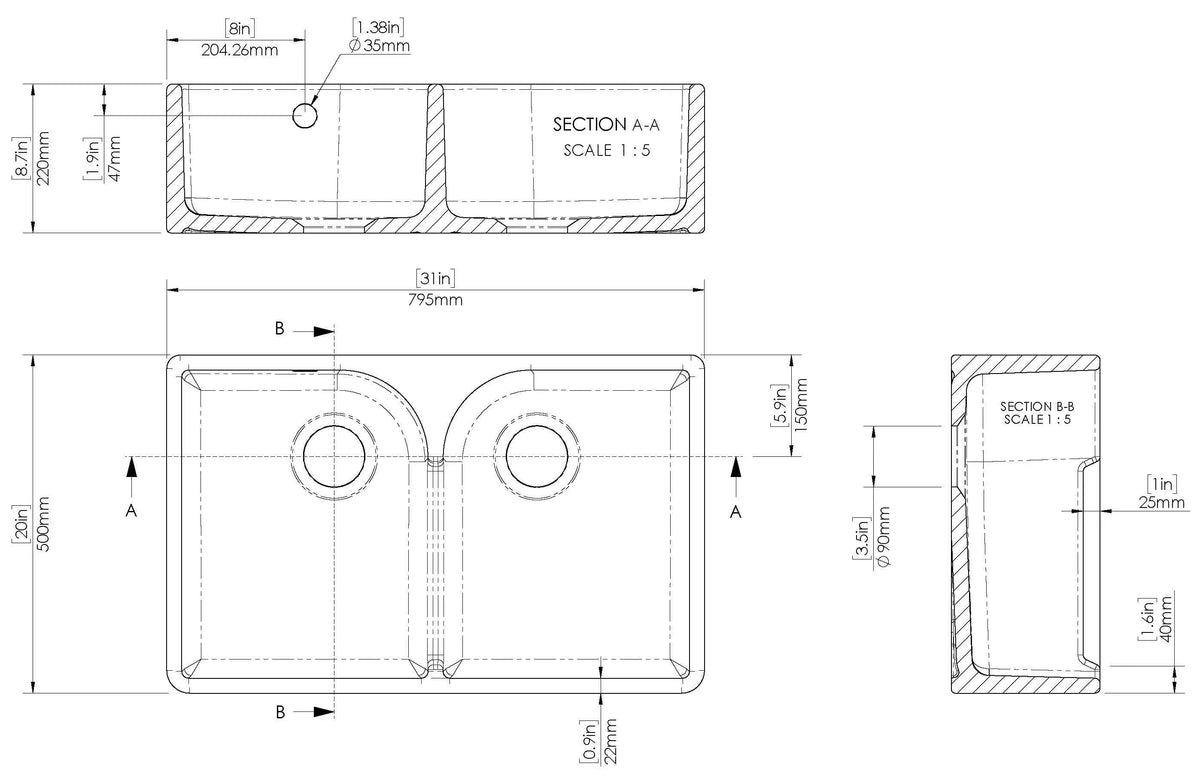 Inspire Double Bowl Butler Sink With Stepped Weir And Overflow - White