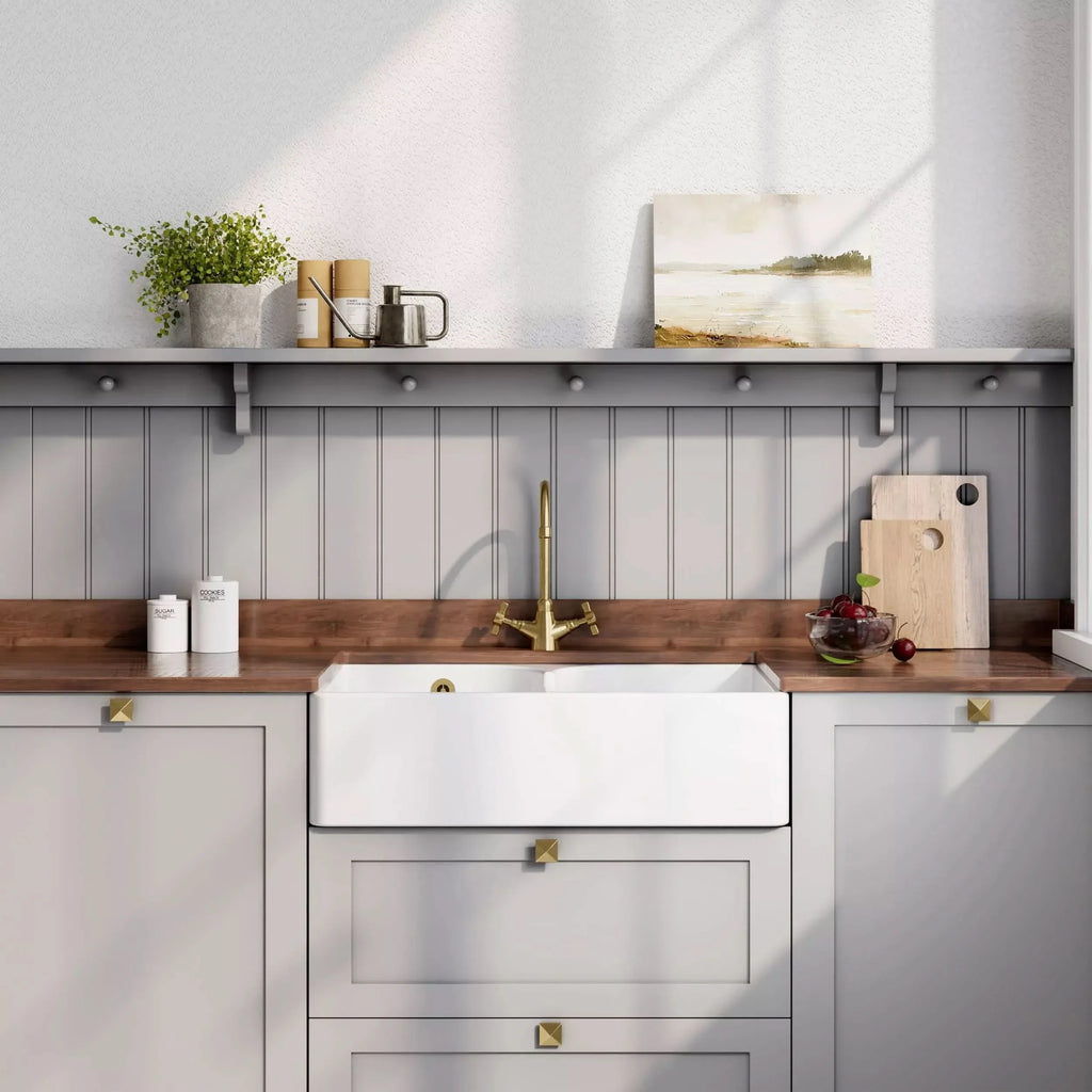 Inspire Double Bowl Butler Sink With Stepped Weir And Overflow - White