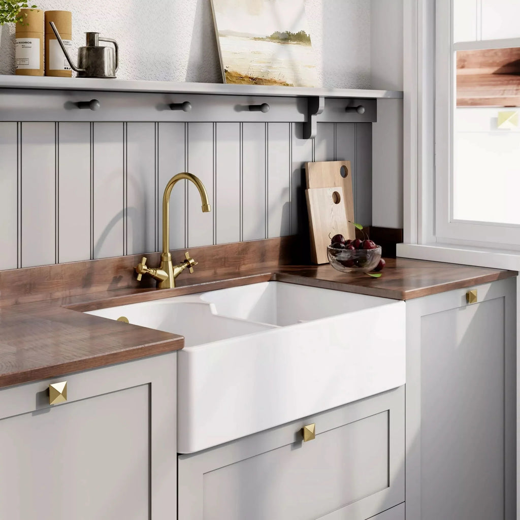 Inspire Double Bowl Butler Sink With Stepped Weir And Overflow - White