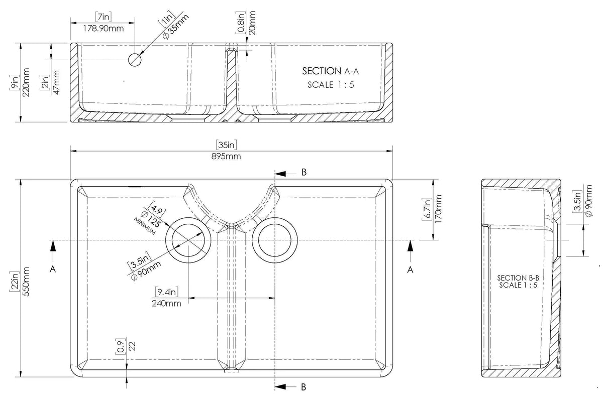 Inspire Double Bowl Butler Sink With Stepped Weir And Overflow - White