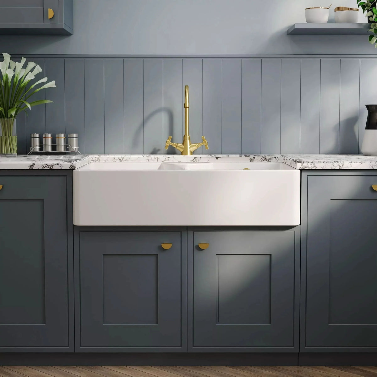 Inspire Double Bowl Butler Sink With Stepped Weir And Overflow - White