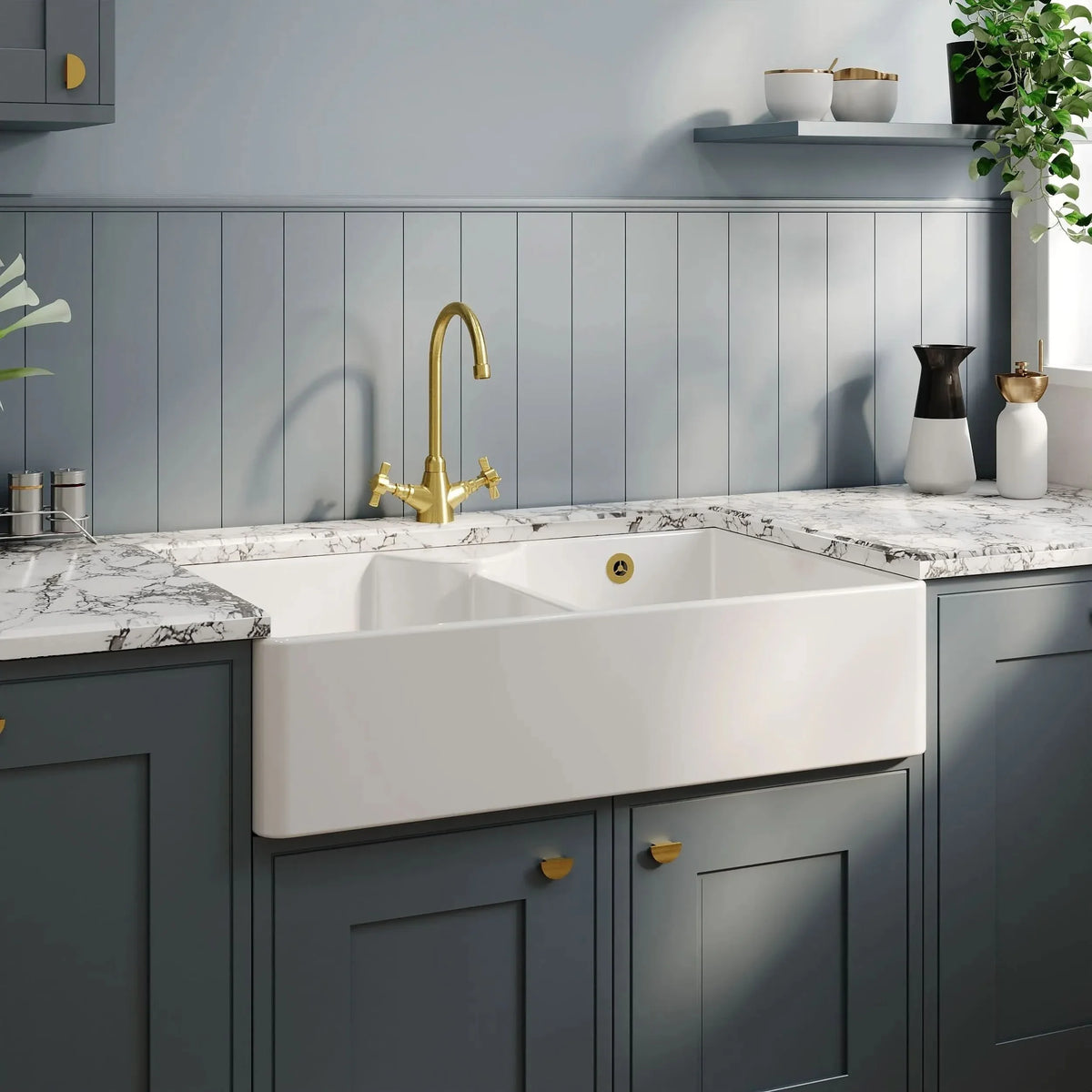 Inspire Double Bowl Butler Sink With Stepped Weir And Overflow - White