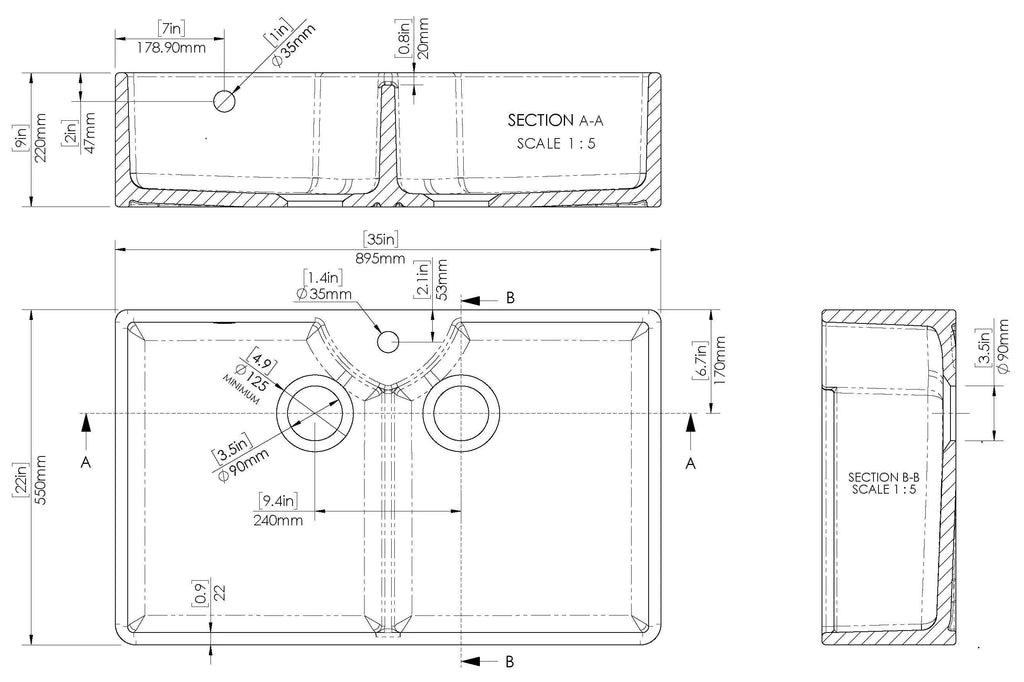 Inspire Double Bowl Butler Sink With Stepped Weir And Overflow - 1 Tap Hole - White