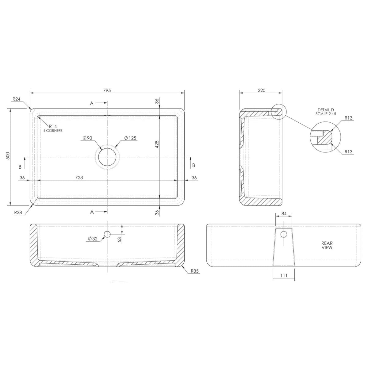 Inspire Single Bowl Traditional Thick Walled Butler Sink - White