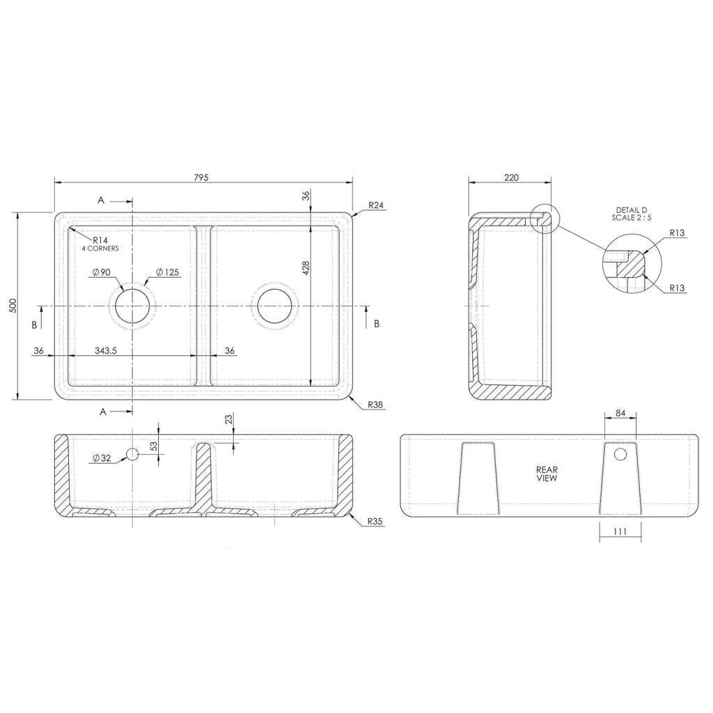 Inspire Double Bowl Traditional Thick Walled Butler Sink - White
