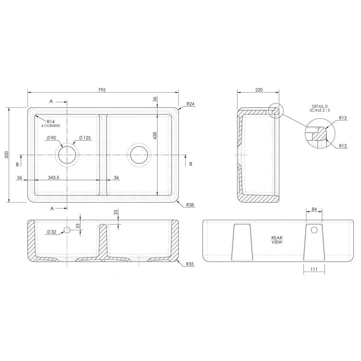 Inspire Double Bowl Traditional Thick Walled Butler Sink - White