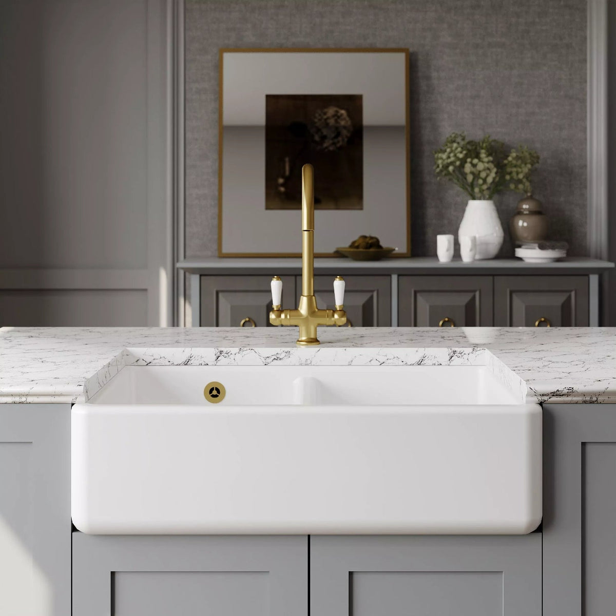 Inspire Double Bowl Traditional Thick Walled Butler Sink - White