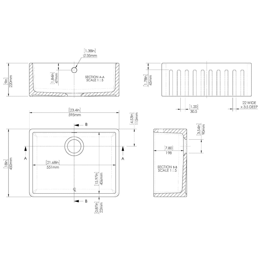 Inspire Single Bowl Fluted Butler Sink With Offset Waste And Overflow - White
