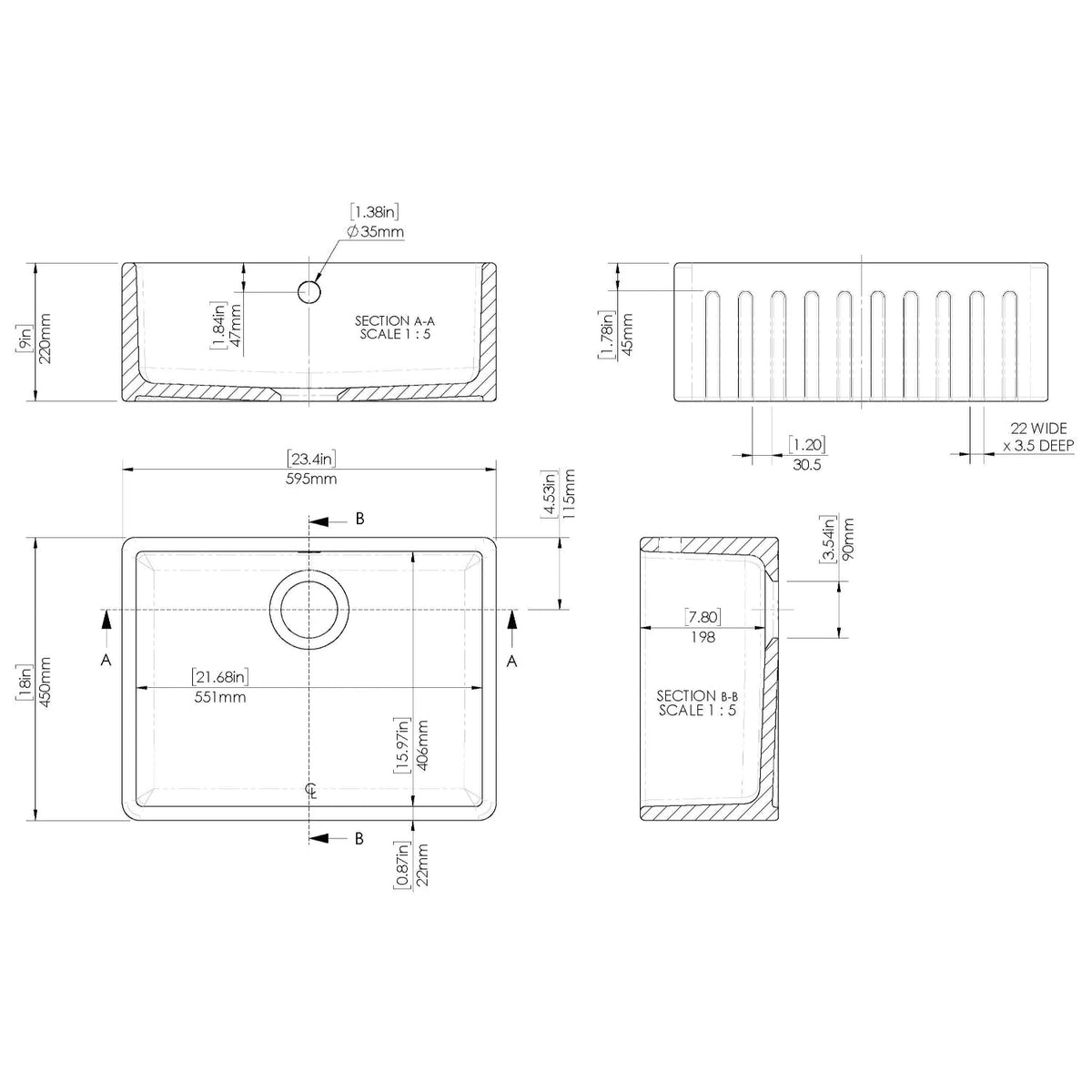 Inspire Single Bowl Fluted Butler Sink With Offset Waste And Overflow - White