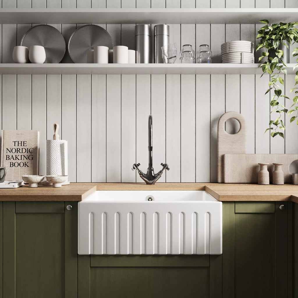 Inspire Single Bowl Fluted Butler Sink With Offset Waste And Overflow - White