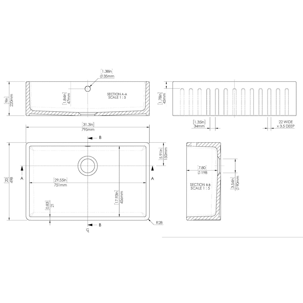 Inspire Single Bowl Fluted Butler Sink With Offset Waste And Overflow - White