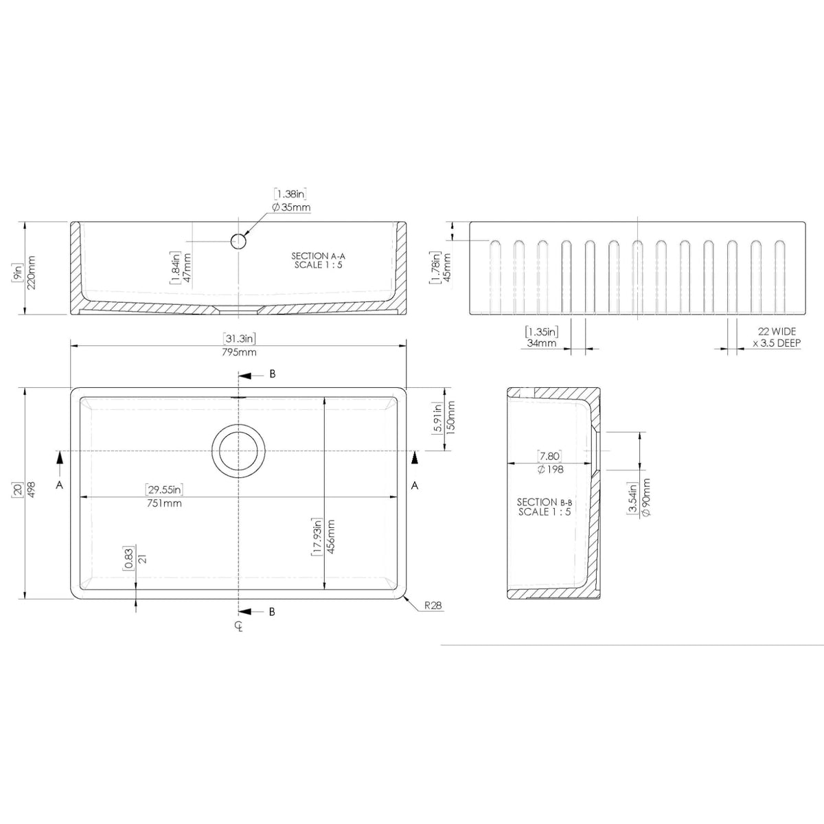 Inspire Single Bowl Fluted Butler Sink With Offset Waste And Overflow - White