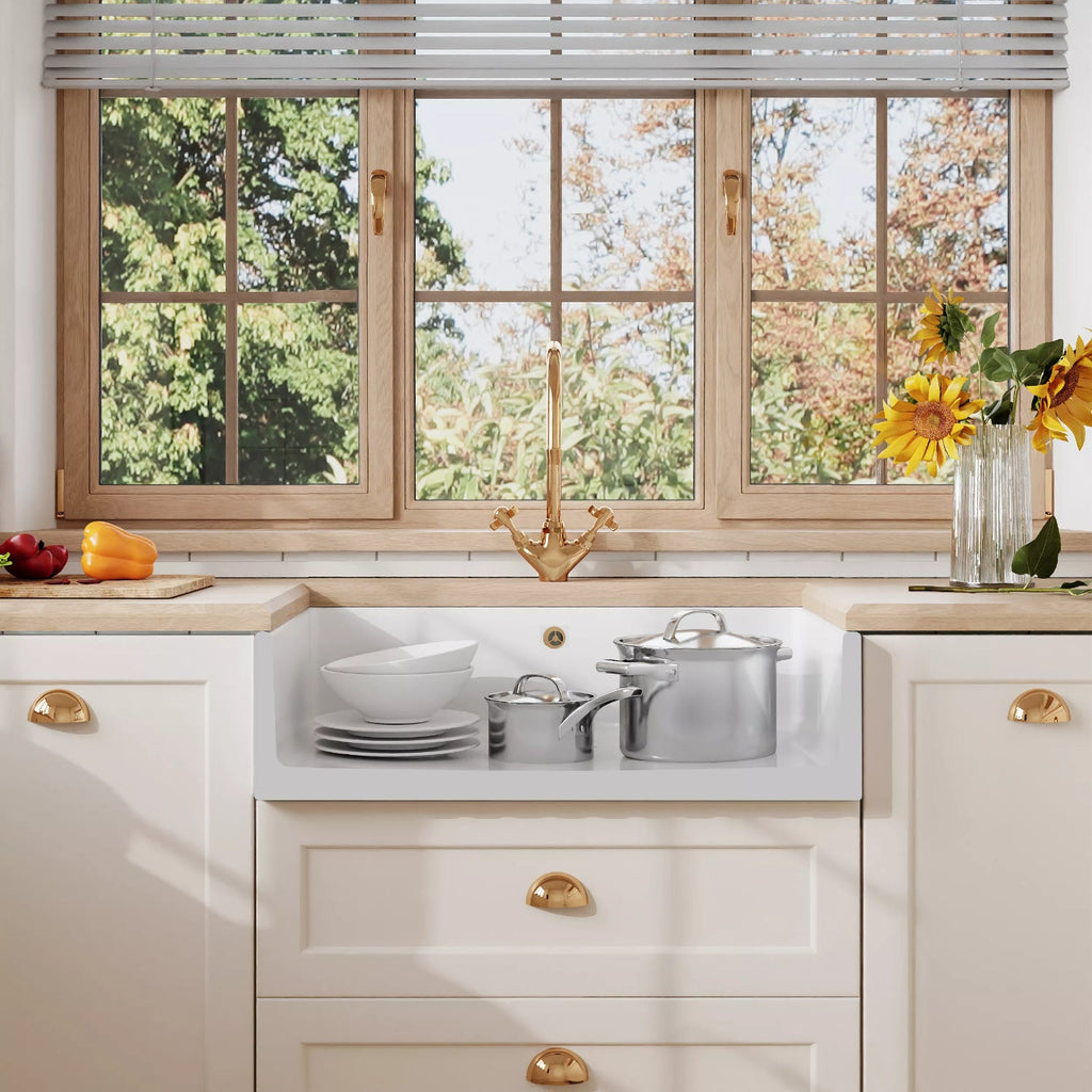 Inspire Single Bowl Fluted Butler Sink With Offset Waste And Overflow - White