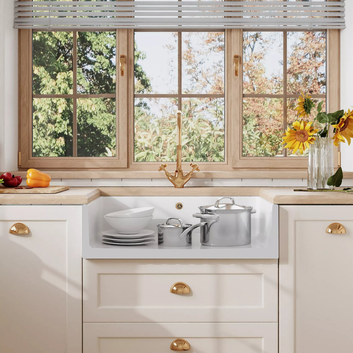 Inspire Single Bowl Fluted Butler Sink With Offset Waste And Overflow - White