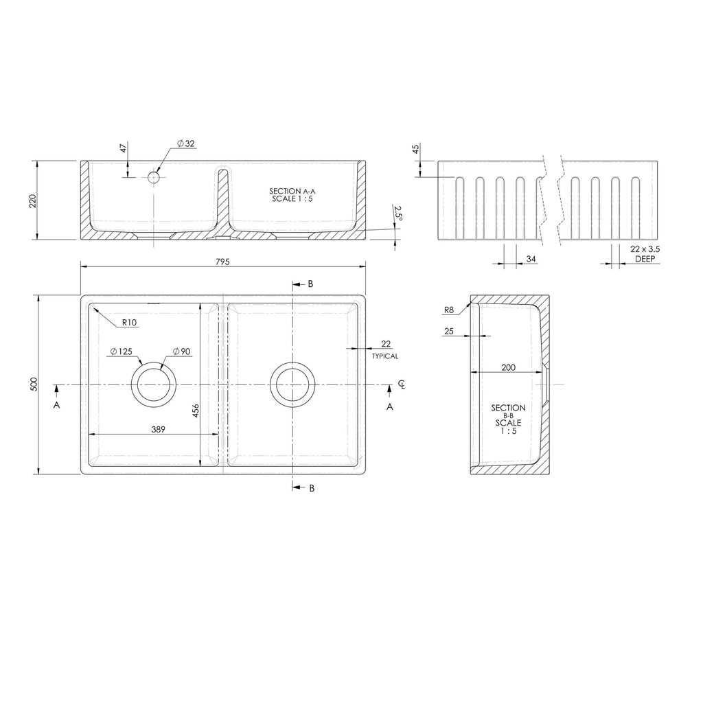 Inspire 795mm Double Bowl Fluted Butler Sink With Central Wastes And Overflow - White